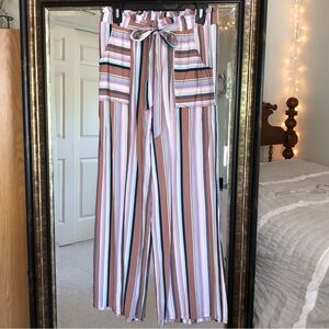 Wide Leg Paper Bag Waist Striped Flowy Pants